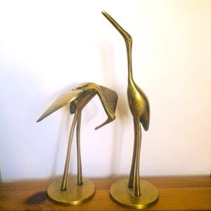 Pair Vintage Mid Century Brass Cranes Figurines